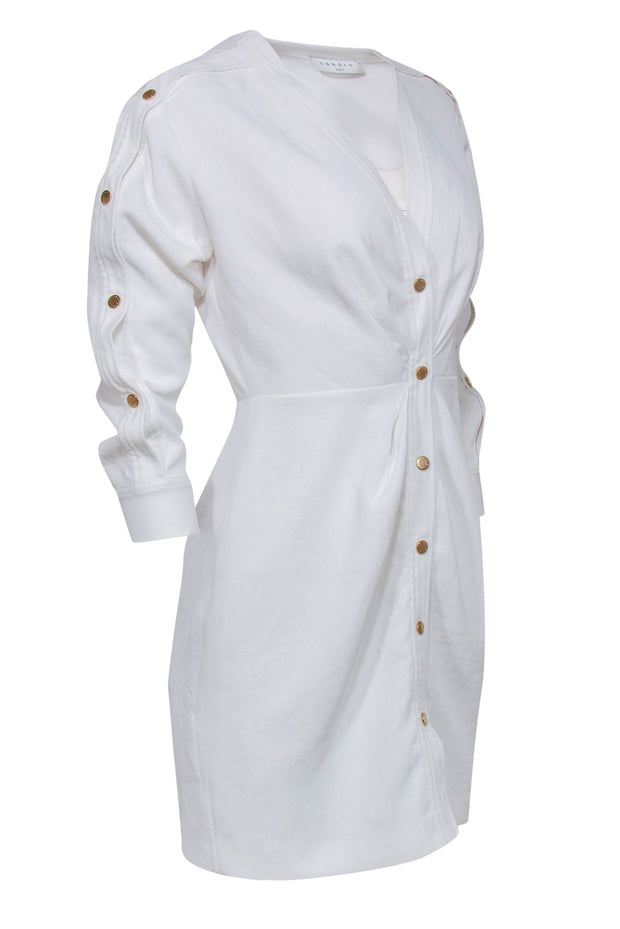 Current Boutique-Sandro - White Textured Ruched Shirtdress w/ Golden Buttons Sz 4