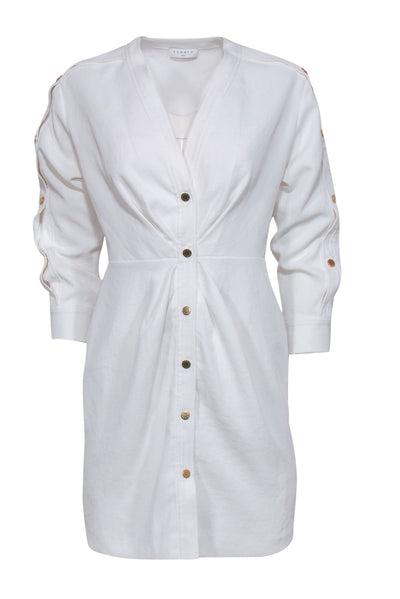 Current Boutique-Sandro - White Textured Ruched Shirtdress w/ Golden Buttons Sz 4