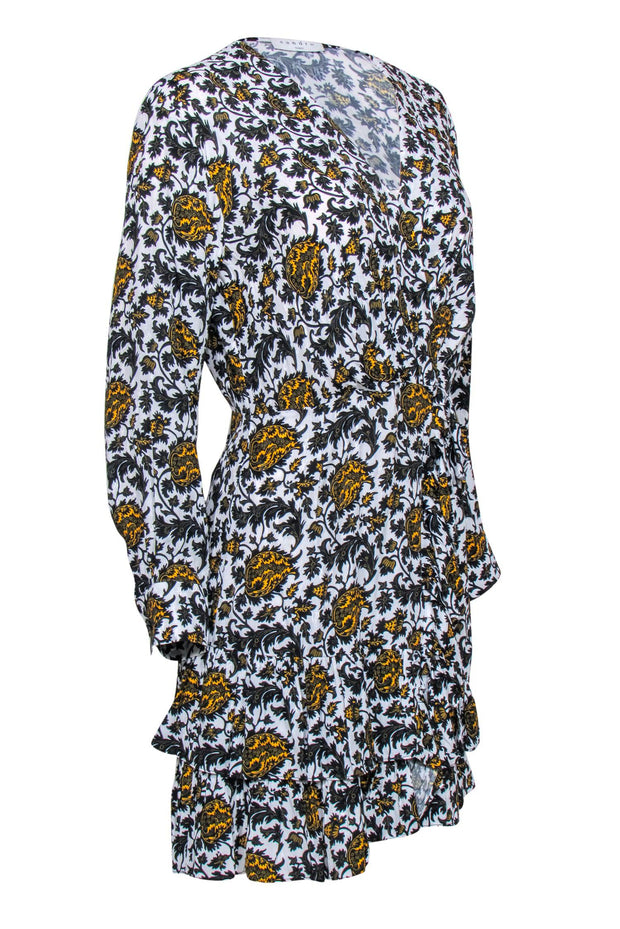Current Boutique-Sandro - White w/ Yellow & Black Floral Print Long Sleeve Mini Dress Sz 2