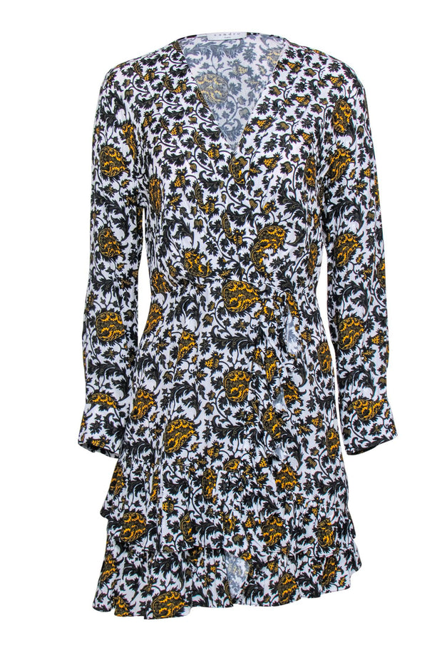 Current Boutique-Sandro - White w/ Yellow & Black Floral Print Long Sleeve Mini Dress Sz 2