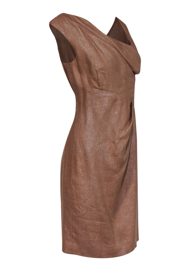 Current Boutique-Sara Campbell - Metallic Tan Woven Linen Sheath Dress Sz 10