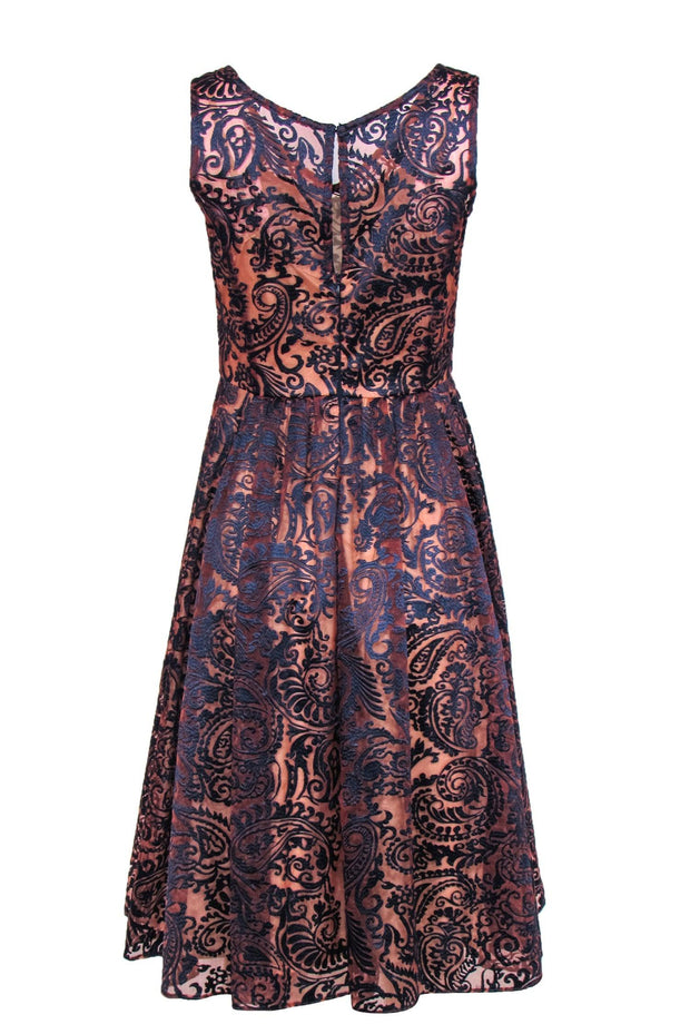 Current Boutique-Sara Campbell - Pink & Navy Textured Velvet Paisley Print Sleeveless A-Line Dress Sz 2