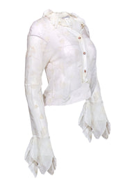 Current Boutique-Sarah Pacini - Ivory Sheer Velvet Floral Embossed Ruffle Button-Up Blouse Sz 6