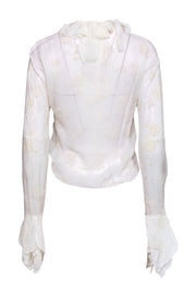 Current Boutique-Sarah Pacini - Ivory Sheer Velvet Floral Embossed Ruffle Button-Up Blouse Sz 6