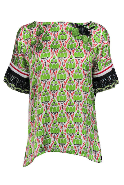 Current Boutique-Save the Queen - Green Nature Print Beaded Top Sz L