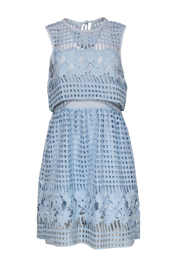 Current Boutique-Saylor - Baby Blue Laser Cut & Floral Lace Sleeveless Fit & Flare Dress Sz M