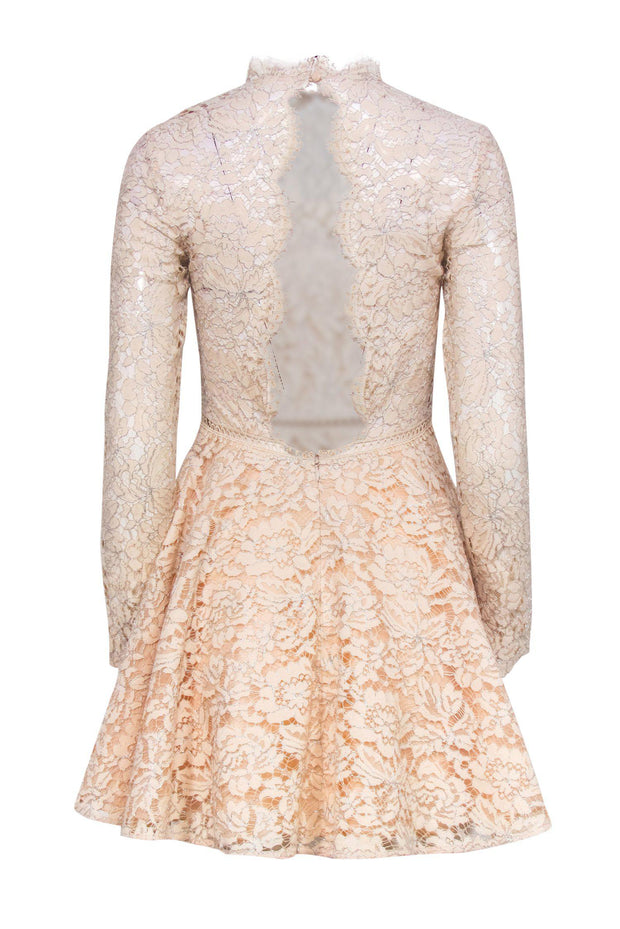 Current Boutique-Saylor - Beige Metallic Floral Lace Fit & Flare Dress w/ Back Cutout Sz S