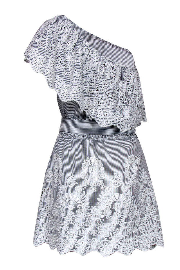 Current Boutique-Saylor - Grey & White Pinstripe One Shoulder Dress Sz M