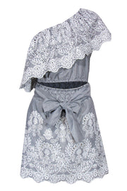 Current Boutique-Saylor - Grey & White Pinstripe One Shoulder Dress Sz M