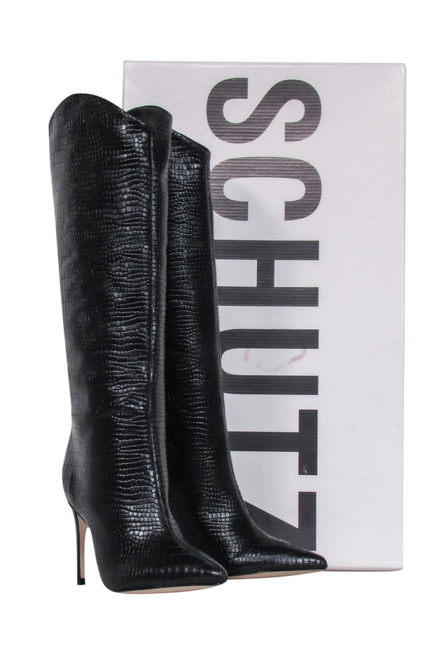 Current Boutique-Schutz - Black Crocodile Textured Tall Boots Sz 7.5