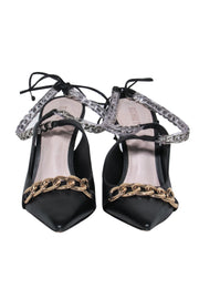 Current Boutique-Schutz - Black Leather Ankle Wrap Pointed Toe Pumps w/ Chain Trim Sz 8
