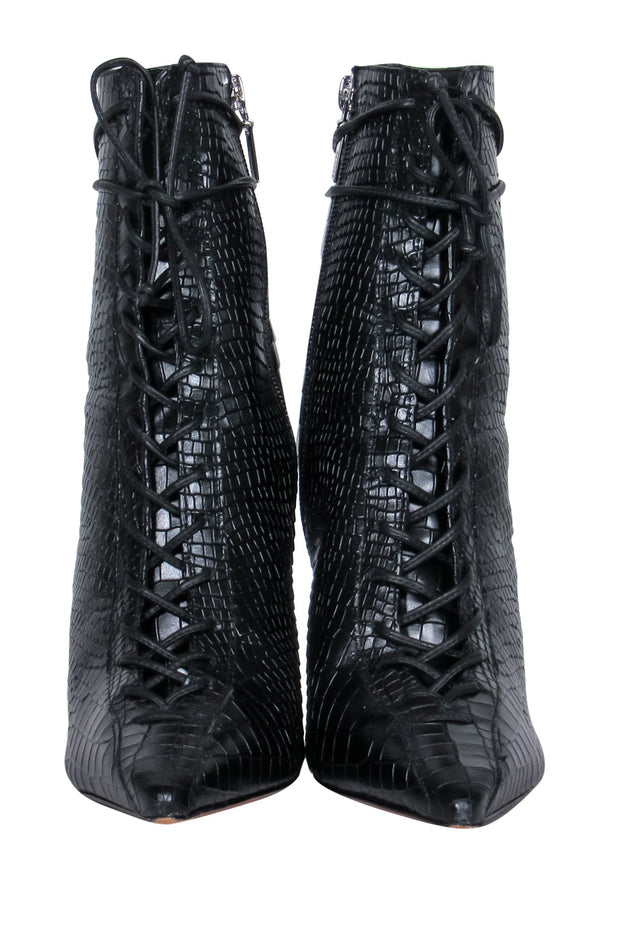 Current Boutique-Schutz - Black Leather Reptile Embossed Lace-Up Stiletto Booties Sz 8.5