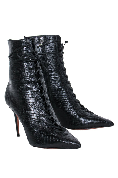 Current Boutique-Schutz - Black Leather Reptile Embossed Lace-Up Stiletto Booties Sz 8.5