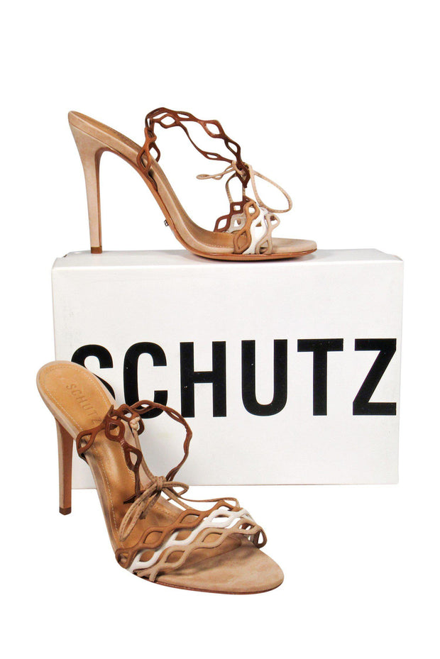 Current Boutique-Schutz - Brown, Tan & White Wavy Strap Heels Sz 9.5