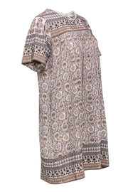 Current Boutique-Sea NY - Beige Floral Print Short Sleeve Silk Shift Dress Sz 2