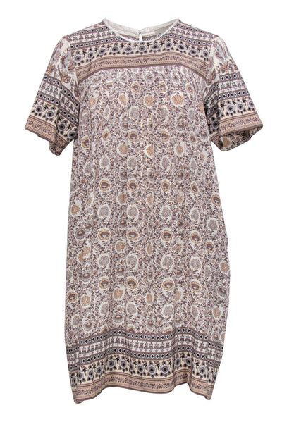 Current Boutique-Sea NY - Beige Floral Print Short Sleeve Silk Shift Dress Sz 2