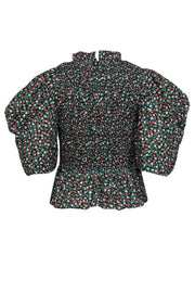 Current Boutique-Sea NY - Black Strawberry & Floral Print Puff Sleeve Smocked Blouse Sz S