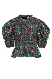 Current Boutique-Sea NY - Black Strawberry & Floral Print Puff Sleeve Smocked Blouse Sz S