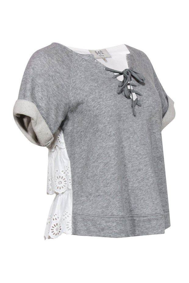 Current Boutique-Sea NY - Grey Short Sleeve Sweatshirt w/ Ruffle Eyelet Back Sz S
