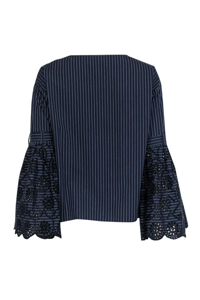 Current Boutique-Sea NY - Navy Pinstriped Bell Sleeve Blouse w/ Eyelet Lace Sz 4