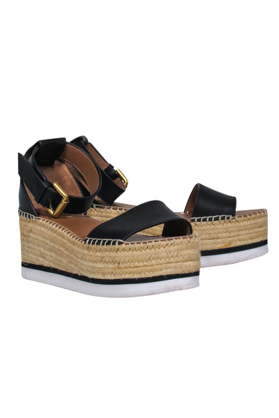 Current Boutique-See by Chloe - Black Leather Espadrille Flatform Sandals Sz 8