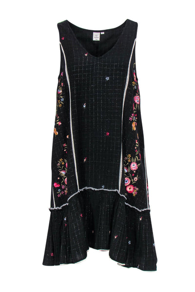 Current Boutique-Seen Worn Kept - Black Floral Embroidered Sleeveless Drop Waist Dress w/ Metallic Threading Sz S