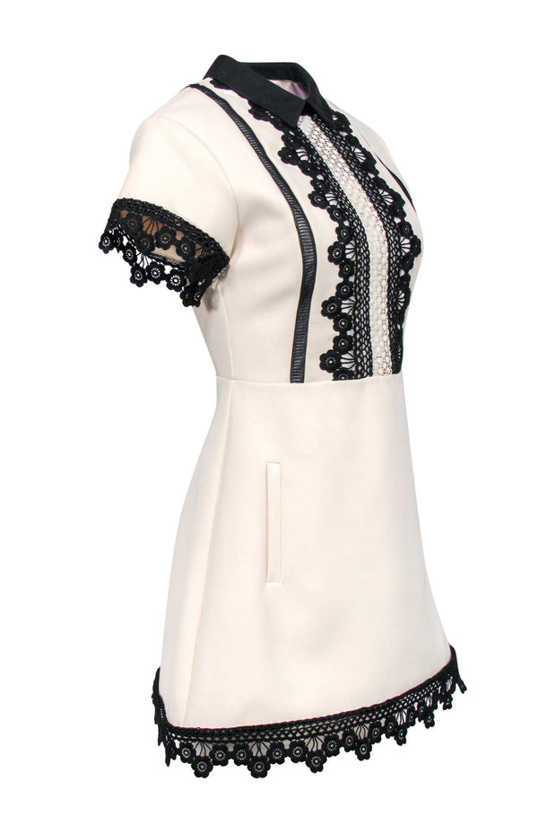 Current Boutique-Self-Portrait - Cream & Black Collared Fit & Flare Dress w/ Lace Trim Sz S