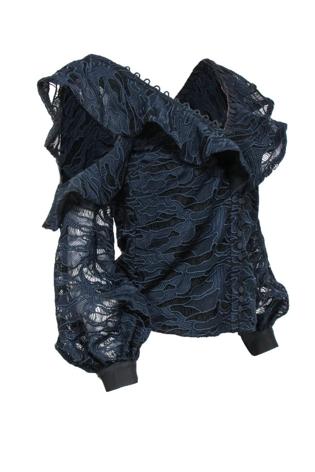 Current Boutique-Self-Portrait - Navy Lace Button Down Cold Shoulder Blouse Sz 0