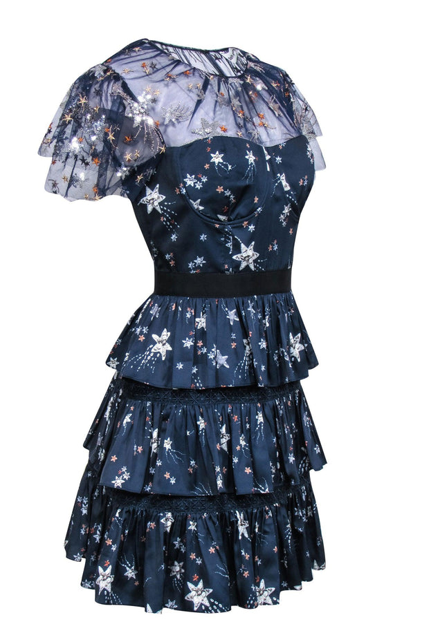 Current Boutique-Self-Portrait - Navy Tiered Star Print Mini Dress w/ Embroidery & Sequin Embellishment Sz 8