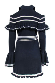 Current Boutique-Self-Portrait - Navy & White Striped Ribbed Ruffle Shift Dress w/ Cutouts Sz L