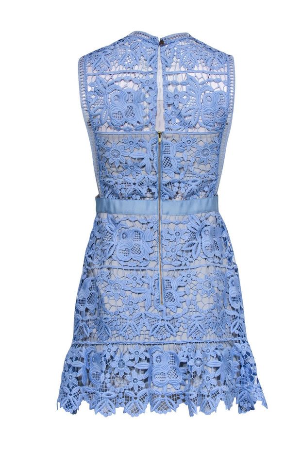 Current Boutique-Self-Portrait - Powder Blue Floral Lace Overlay Dress w/ Grey Lining & Side Cutouts Sz 8