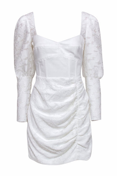 Current Boutique-Self-Portrait - White Lace Mini Dress w/ Sweetheart Neckline & Corset Details Sz 8