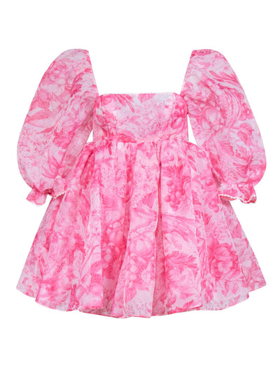 Current Boutique-Selkie - Pink & White Baby Doll Toile Puff Dress Sz S