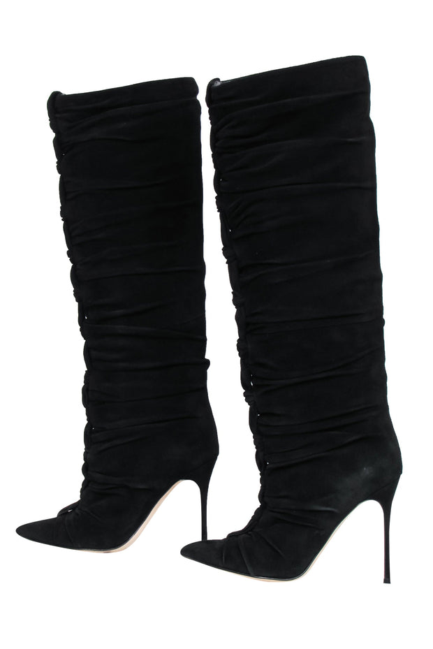 Current Boutique-Sergio Rossi - Black Suede Ruched Stiletto Knee High Boots Sz 7