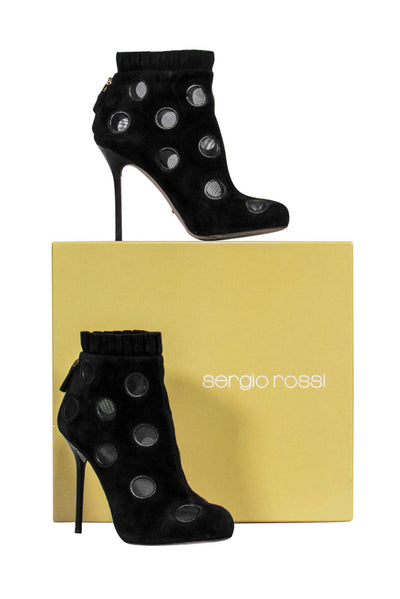 Current Boutique-Sergio Rossi - Black Suede Stiletto Booties w/ Mesh Polka Dot Design Sz 6