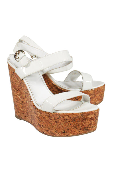 Current Boutique-Sergio Rossi - Off-White Patent Leather Cork Wedge Sandals Sz 8.5