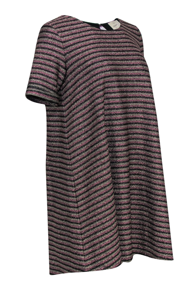 Current Boutique-Sezane - Gold, Black & Pink Sparkly Striped Shift Dress Sz S