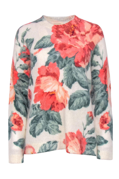 Current Boutique-Sezane - Ivory, Pink & Green Floral Print Fuzzy Wool Blend Sweater Sz M