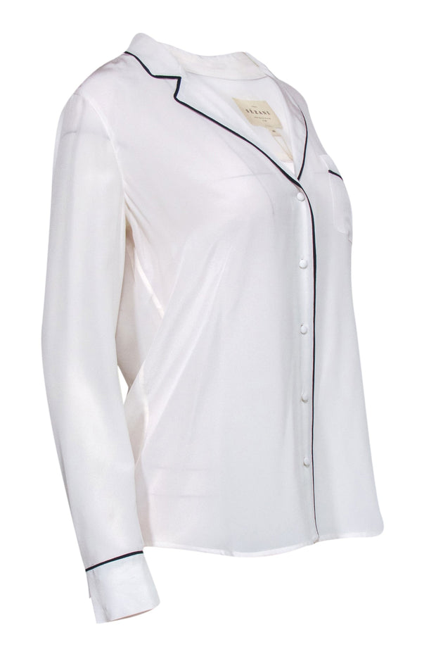 Current Boutique-Sezane - White Silk Crepe Button-Up Blouse w/ Black Trim Sz 8