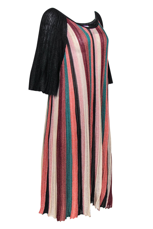 Current Boutique-Sfizio - Black & Multicolored Sparkly Striped Pleated Knit Midi Dress Sz 12