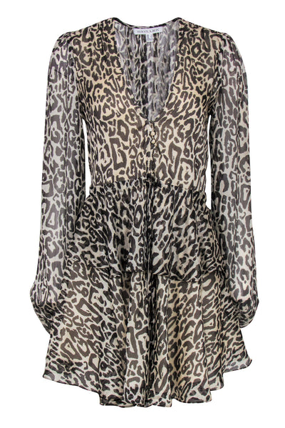 Current Boutique-Shona Joy - Beige Leopard Print Long Sleeve Tiered Fit & Flare Dress Sz 4