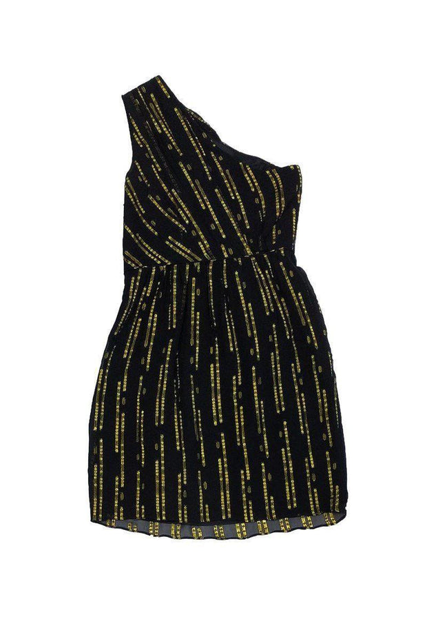 Current Boutique-Shoshanna - Black & Gold Silk One Shoulder Dress Sz 0