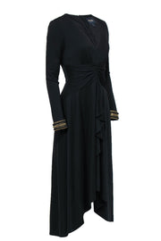Current Boutique-Shoshanna - Black Long Sleeve V-Neck Gown w/ Front Slit & Ruffle Sz 8