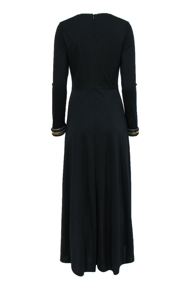 Current Boutique-Shoshanna - Black Long Sleeve V-Neck Gown w/ Front Slit & Ruffle Sz 8