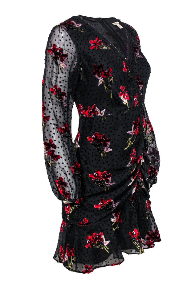 Current Boutique-Shoshanna - Black & Red Velvet Floral Print & Polka Dot Ruched Dress Sz 2