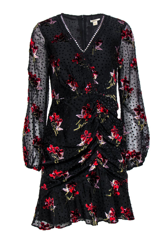 Current Boutique-Shoshanna - Black & Red Velvet Floral Print & Polka Dot Ruched Dress Sz 2