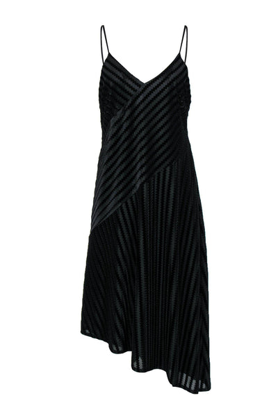 Current Boutique-Shoshanna - Black Velvet Zig-Zag Stripe Embossed Midi Dress w/ Asymmetrical Hem Sz 10
