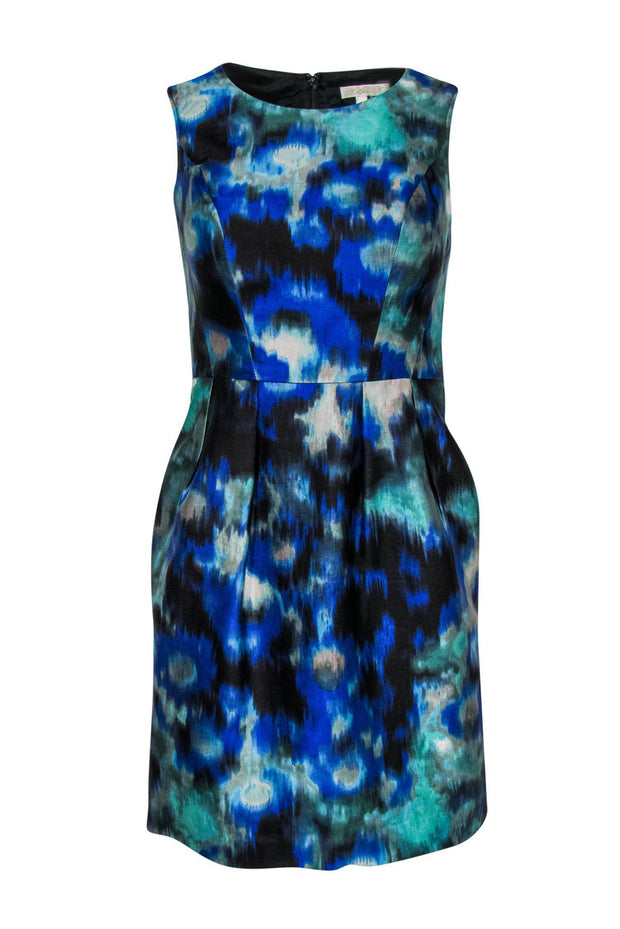 Current Boutique-Shoshanna - Blue, Black & Green Watercolor Print Fit & Flare Dress Sz 4