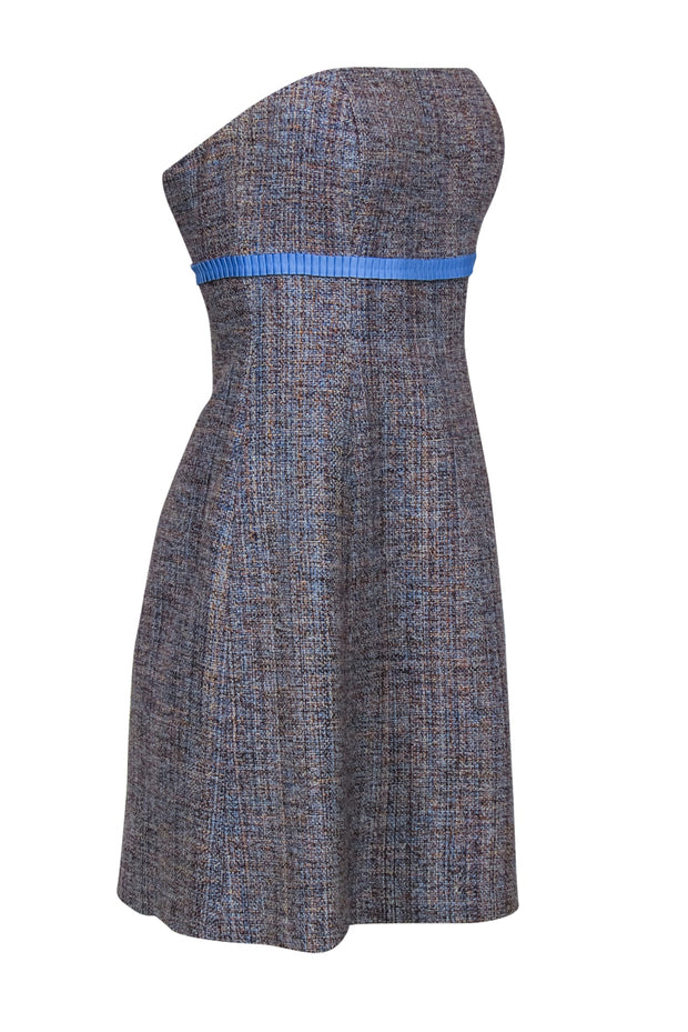Current Boutique-Shoshanna - Blue & Brown Tweed Strapless Silk A-Line Dress Sz 4