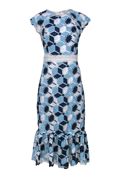 Current Boutique-Shoshanna - Blue & White Embroidered Cap Sleeve Midi Dress w/ Flounce Hem Sz 10